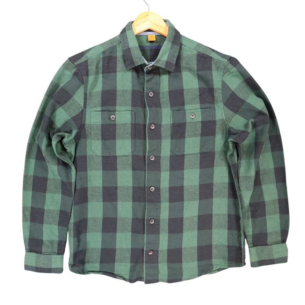 Tailor Vintage Flannel Shirt Mens Small Green Cotton Blend Buffalo Plaid Stretch